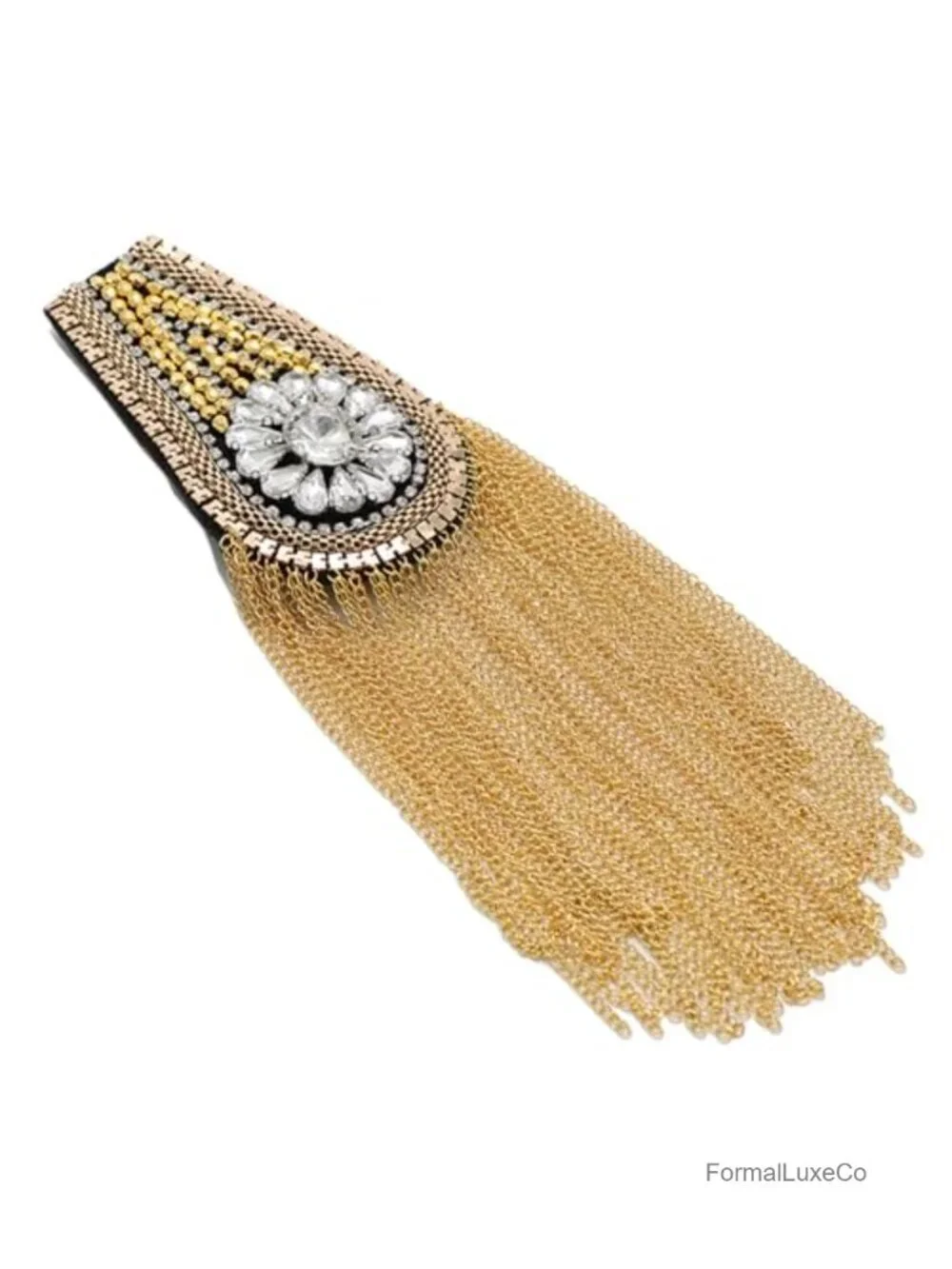 Crystal Beads Gold Tassel Epaulette Brooch Pin Punk Fringe Shoulder Badge Pair